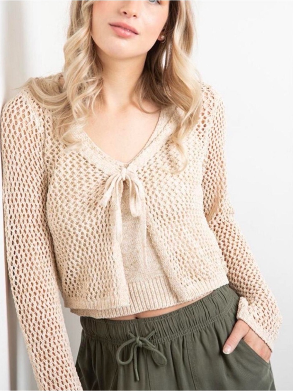 Cropped Tie-Front Open Knit Cardigan in Cream